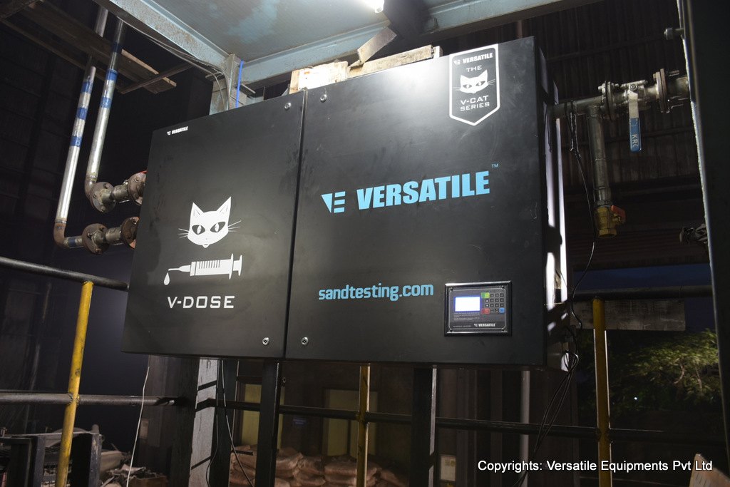 A V-DOSE precision water dosing cabinet installed on plant pipework at the mixer