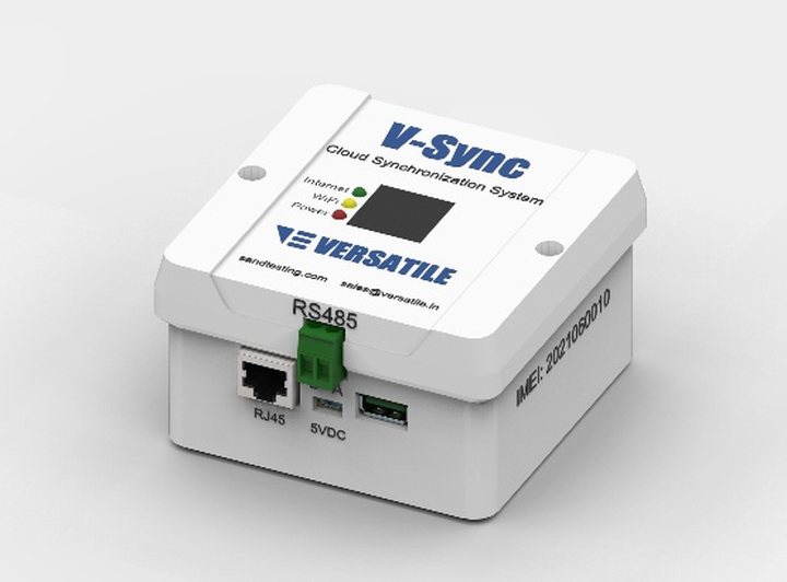 The V-Sync cloud synchronisation device, showing its RJ45, 5VDC and RS485 connections