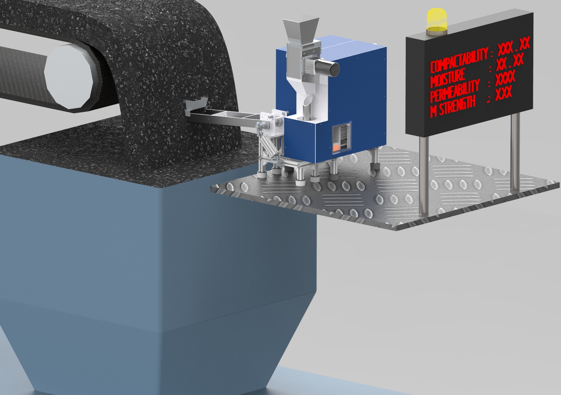 VCAT2 installed at a moulding machine, with a sample extraction arm feeding the tester and a display board showing live results
